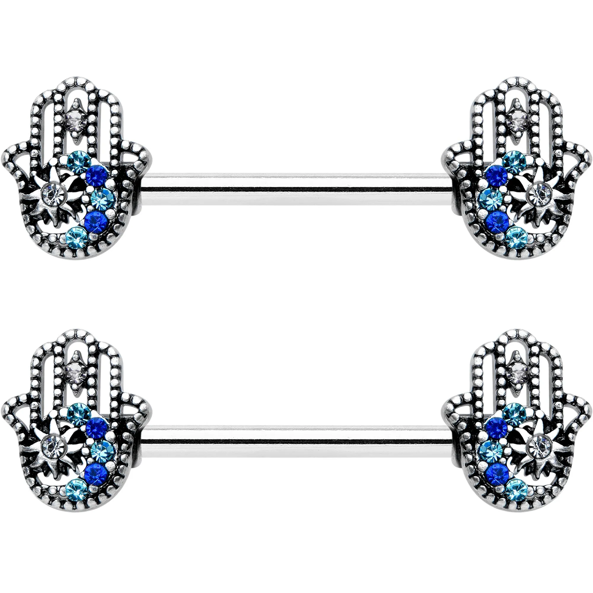 14 Gauge 9/16 Clear Blue Gem Textured Hamsa Hand Nipple Ring Set