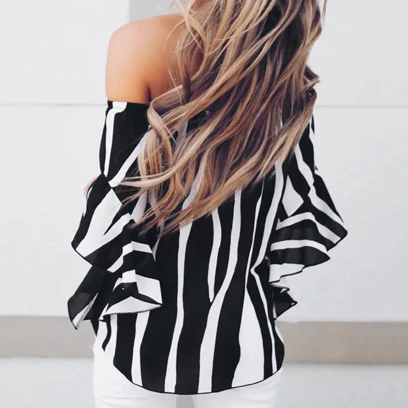 2018 Summer Fashion Women Irregular Chiffon Tops Casual Stripe Print Loose Shirt Sexy Off Shoulder Flare Sleeve Blouse