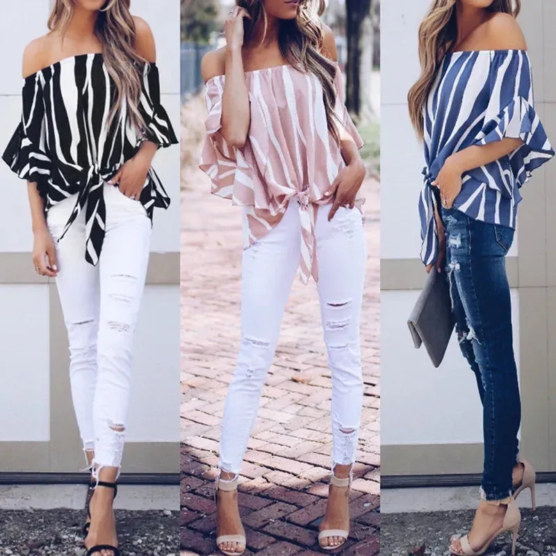 2018 Summer Fashion Women Irregular Chiffon Tops Casual Stripe Print Loose Shirt Sexy Off Shoulder Flare Sleeve Blouse