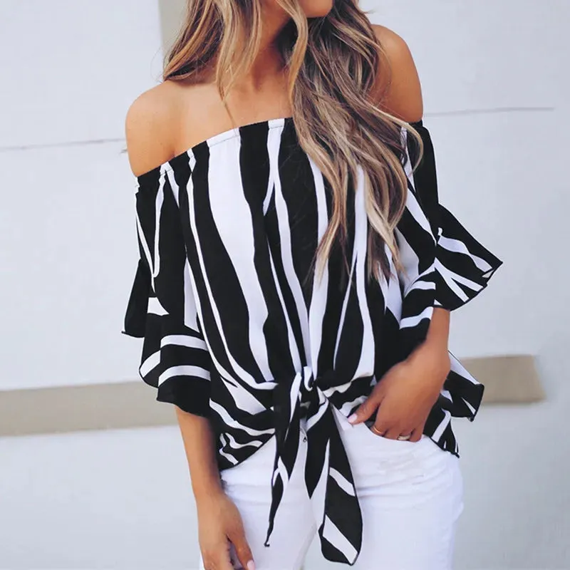 2018 Summer Fashion Women Irregular Chiffon Tops Casual Stripe Print Loose Shirt Sexy Off Shoulder Flare Sleeve Blouse
