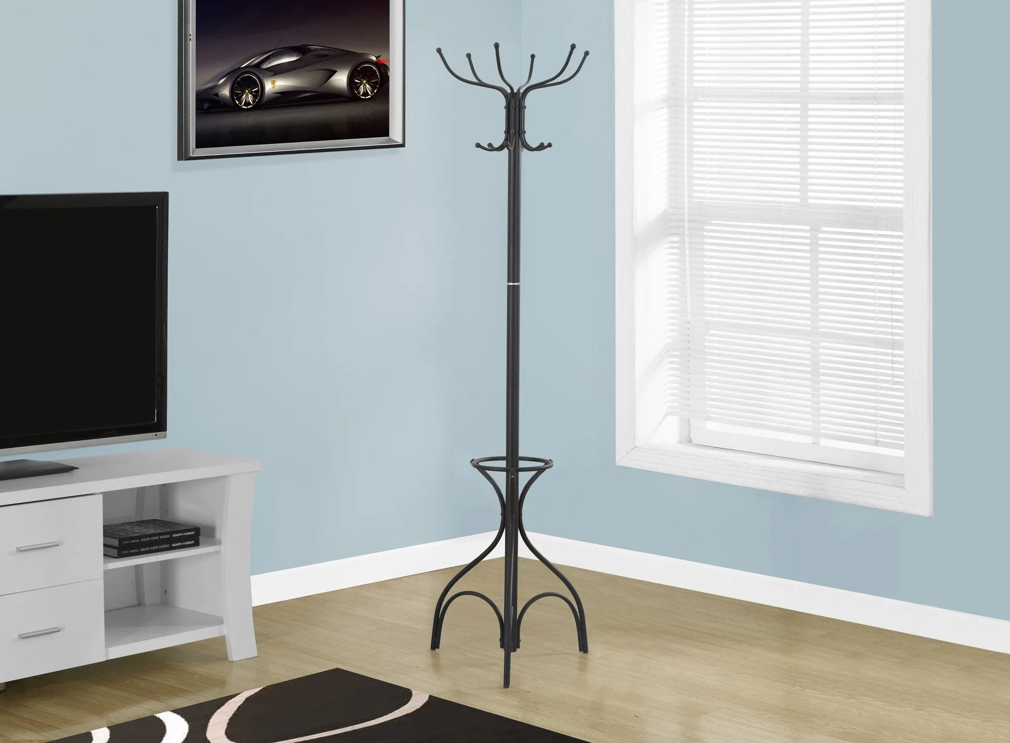 70"H BLACK METAL WITH AN UMBRELLA HOLDER COAT RACK