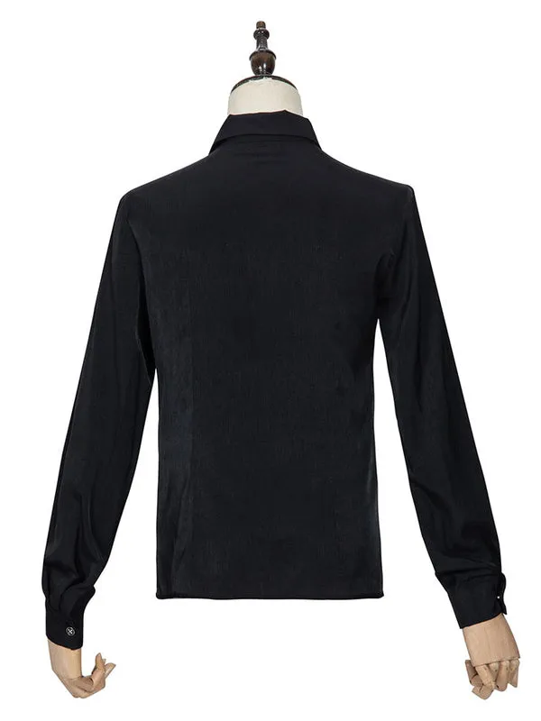 Academic Lolita Blouses Black Long Sleeves Polyester Lolita Top Ruched Beaded Lolita Shirt