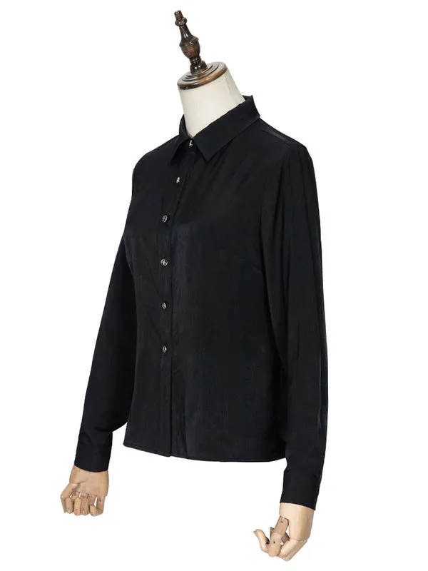 Academic Lolita Blouses Black Long Sleeves Polyester Lolita Top Ruched Beaded Lolita Shirt