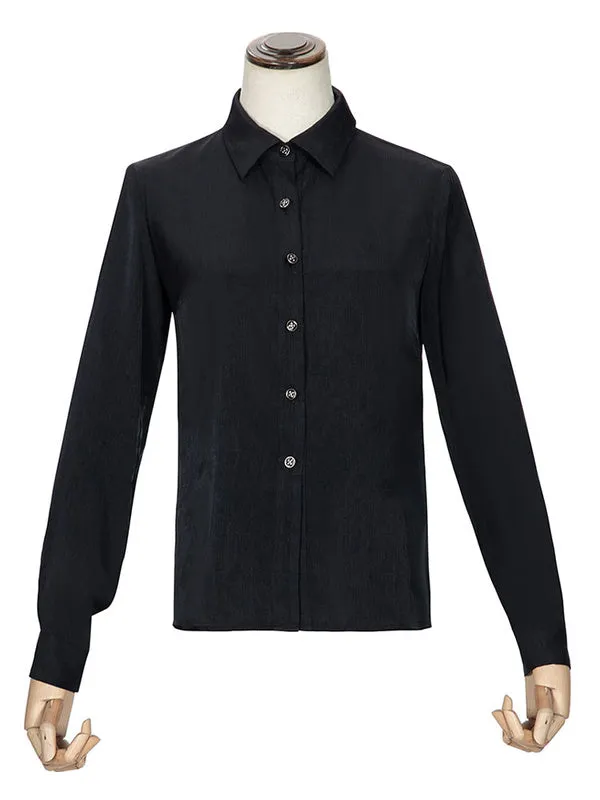 Academic Lolita Blouses Black Long Sleeves Polyester Lolita Top Ruched Beaded Lolita Shirt