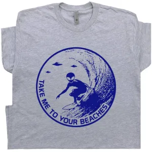 Alien Surfing Shirt Vintage Retro Surf Shop Beach Theme Tshirt