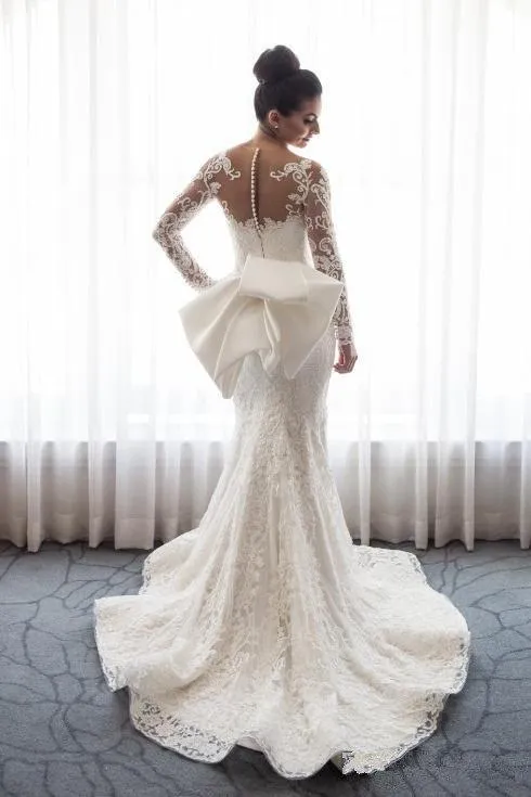 AmazingMermaid Lace Bowknot Wedding Bride Dress Detachable Overskirt Sleeve Bridal Dress