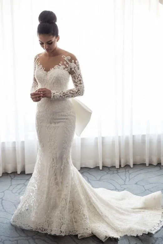 AmazingMermaid Lace Bowknot Wedding Bride Dress Detachable Overskirt Sleeve Bridal Dress