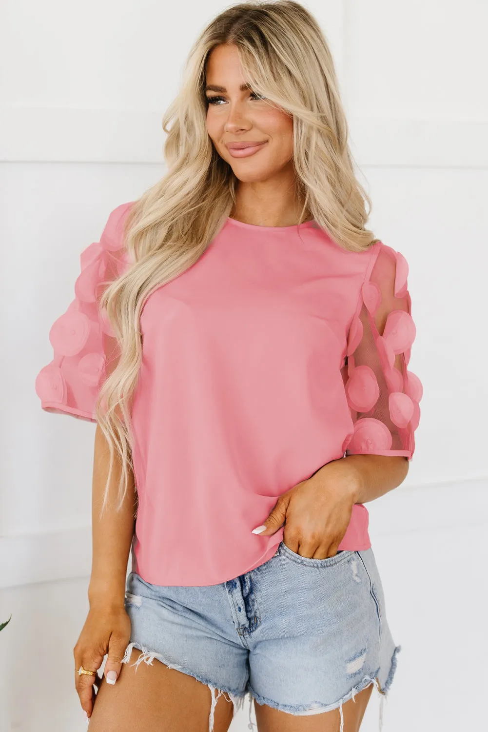 Applique Mesh Half Sleeve Blouse