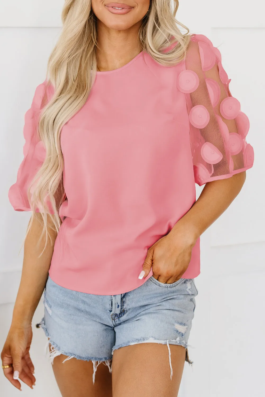 Applique Mesh Half Sleeve Blouse