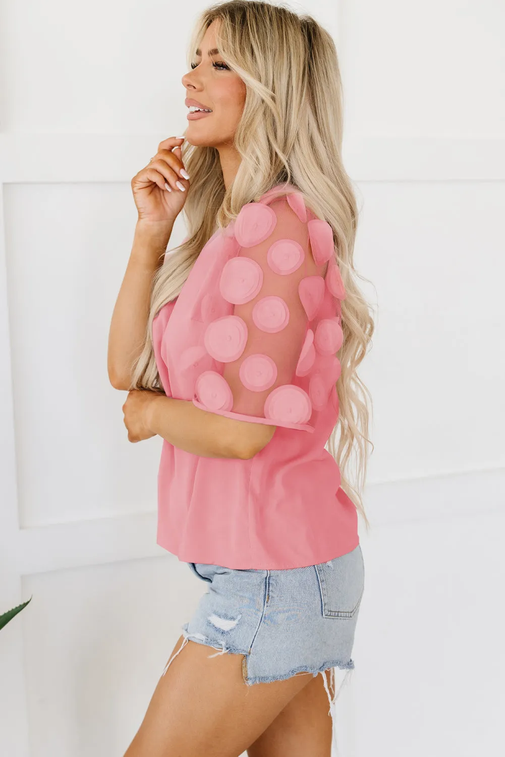 Applique Mesh Half Sleeve Blouse