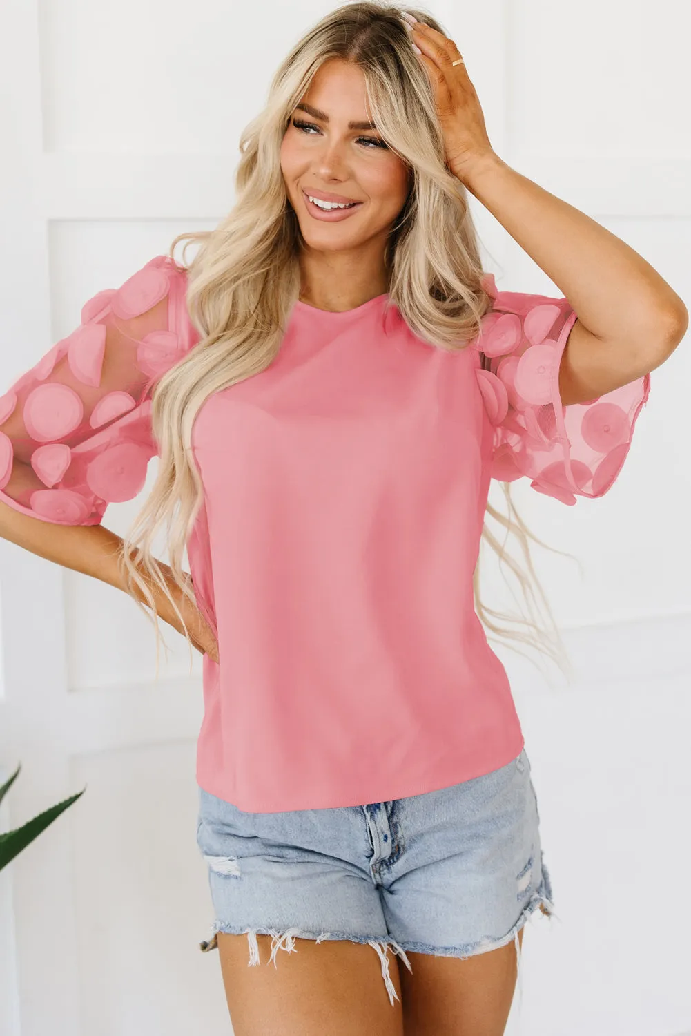 Applique Mesh Half Sleeve Blouse