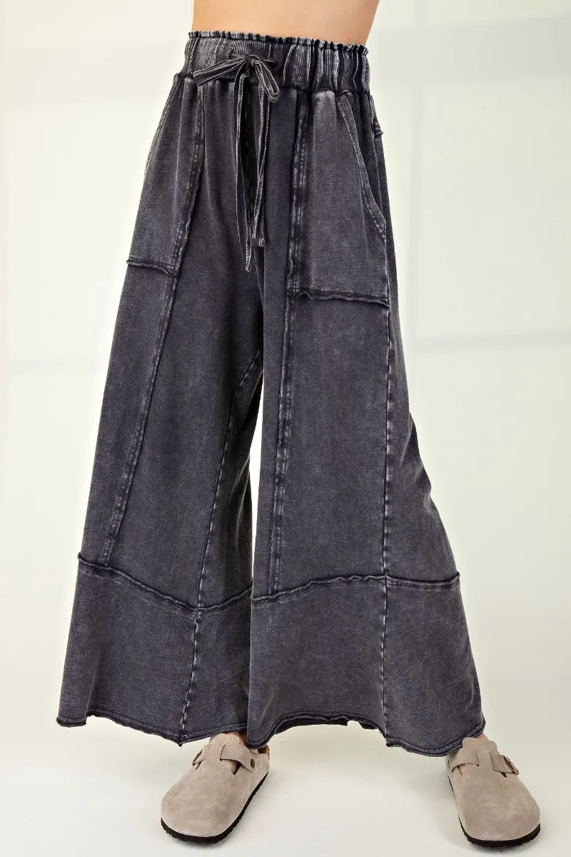 Ash Mineral Washed Terry Knit Wide Leg Pants