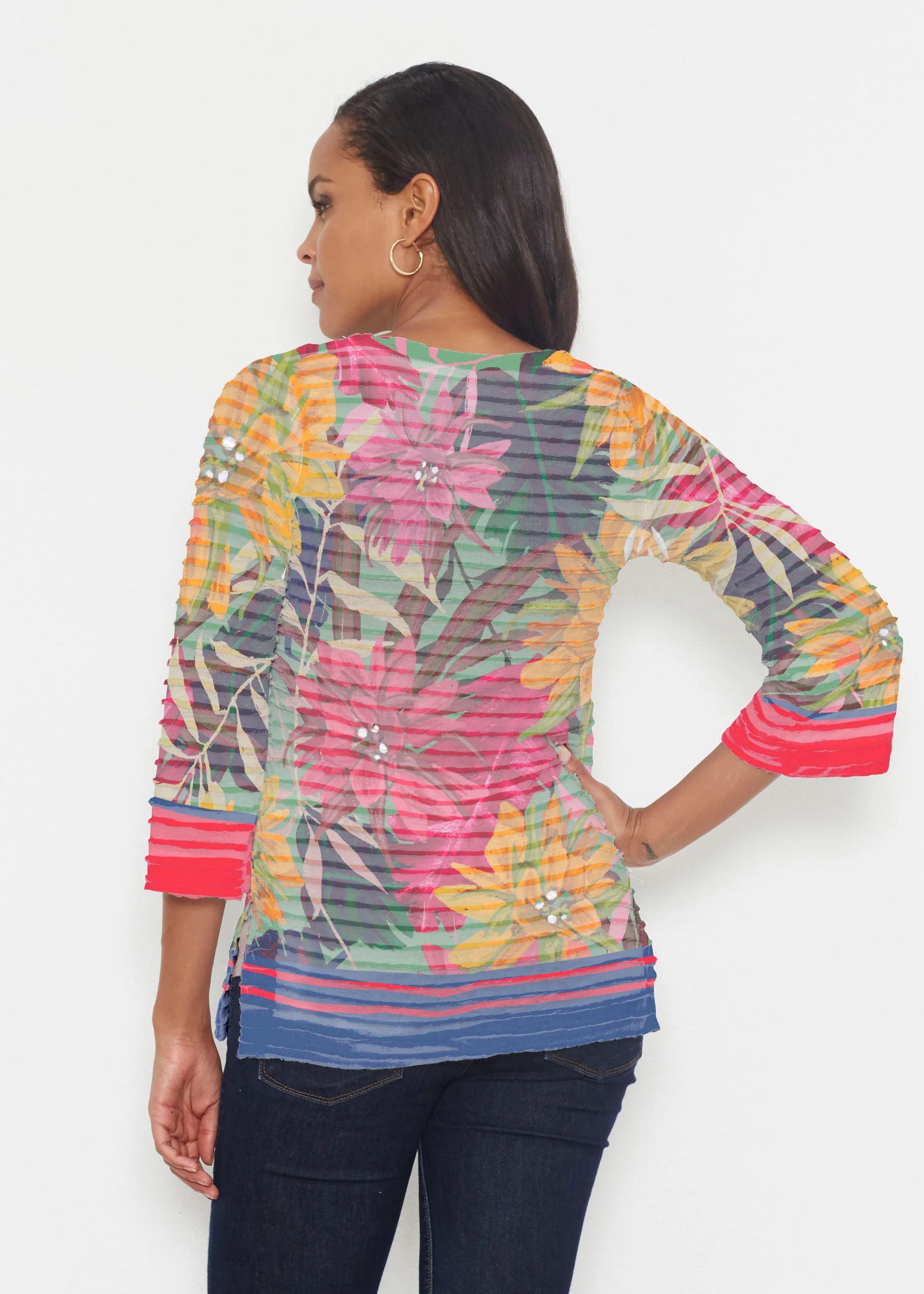 Autumn Stripe (17196) ~ Banded 3/4 Bell-Sleeve V-Neck Tunic