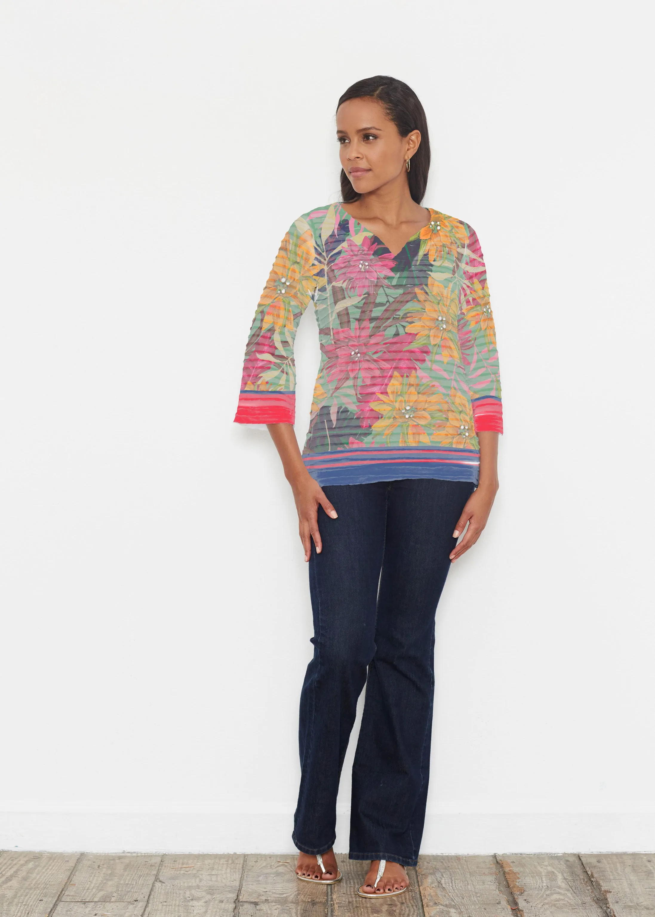 Autumn Stripe (17196) ~ Banded 3/4 Bell-Sleeve V-Neck Tunic