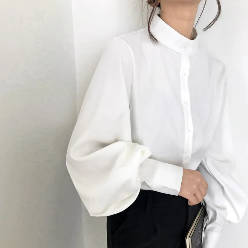 Autumn Winter Lantern Sleeve Blouse with Stand Collar