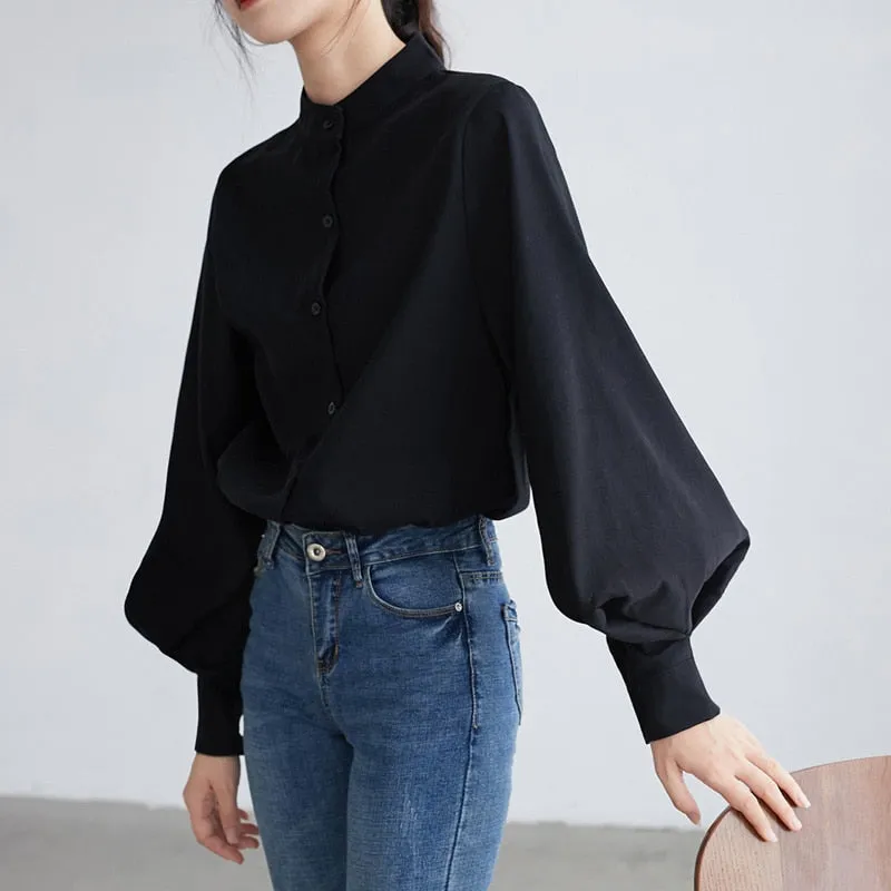 Autumn Winter Lantern Sleeve Blouse with Stand Collar