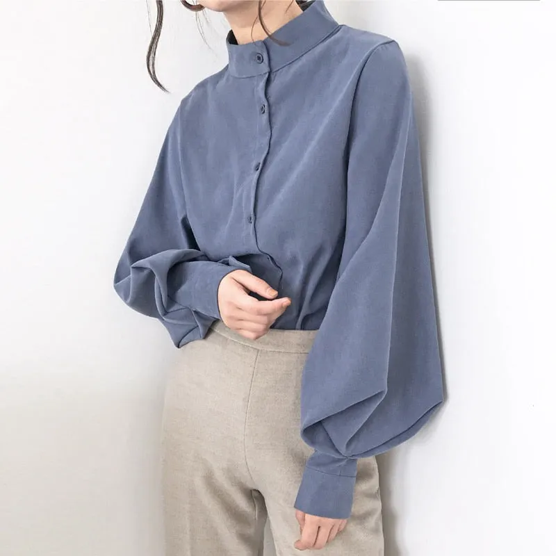 Autumn Winter Lantern Sleeve Blouse with Stand Collar
