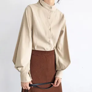 Autumn Winter Lantern Sleeve Blouse with Stand Collar
