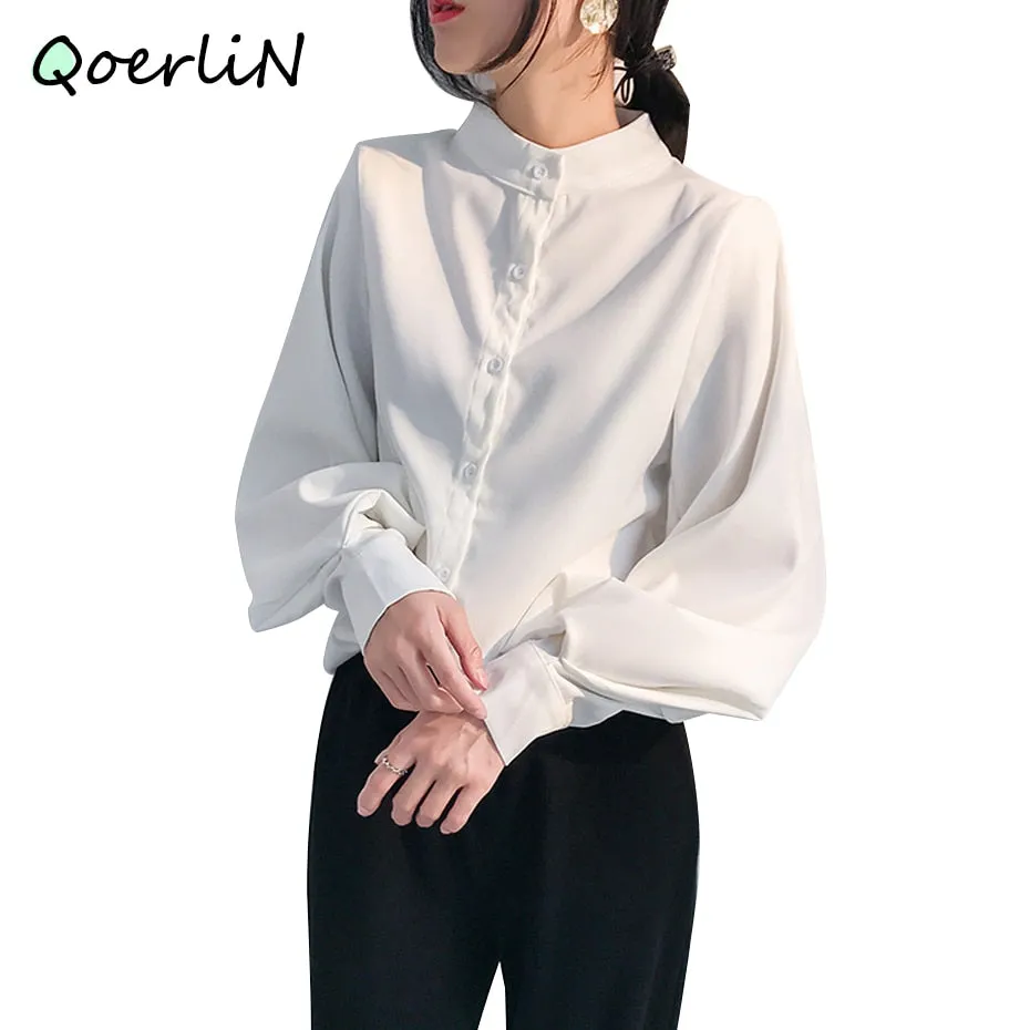 Autumn Winter Lantern Sleeve Blouse with Stand Collar