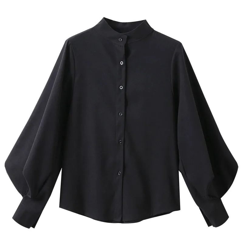 Autumn Winter Lantern Sleeve Blouse with Stand Collar