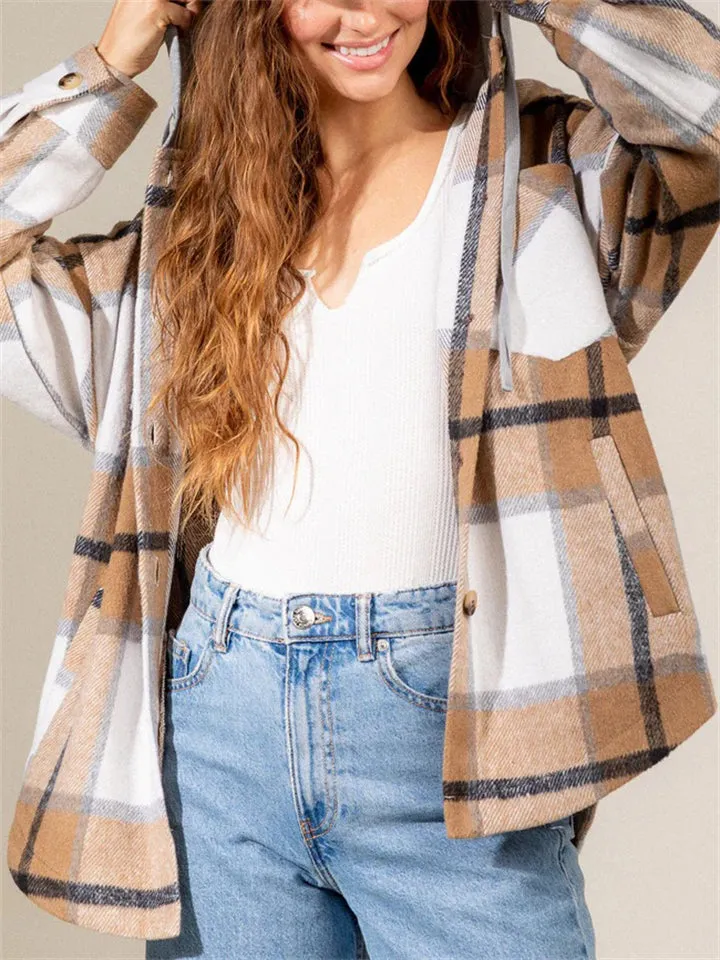 Autumn Winter Stylish Hooded Plaid Coats for Ladies