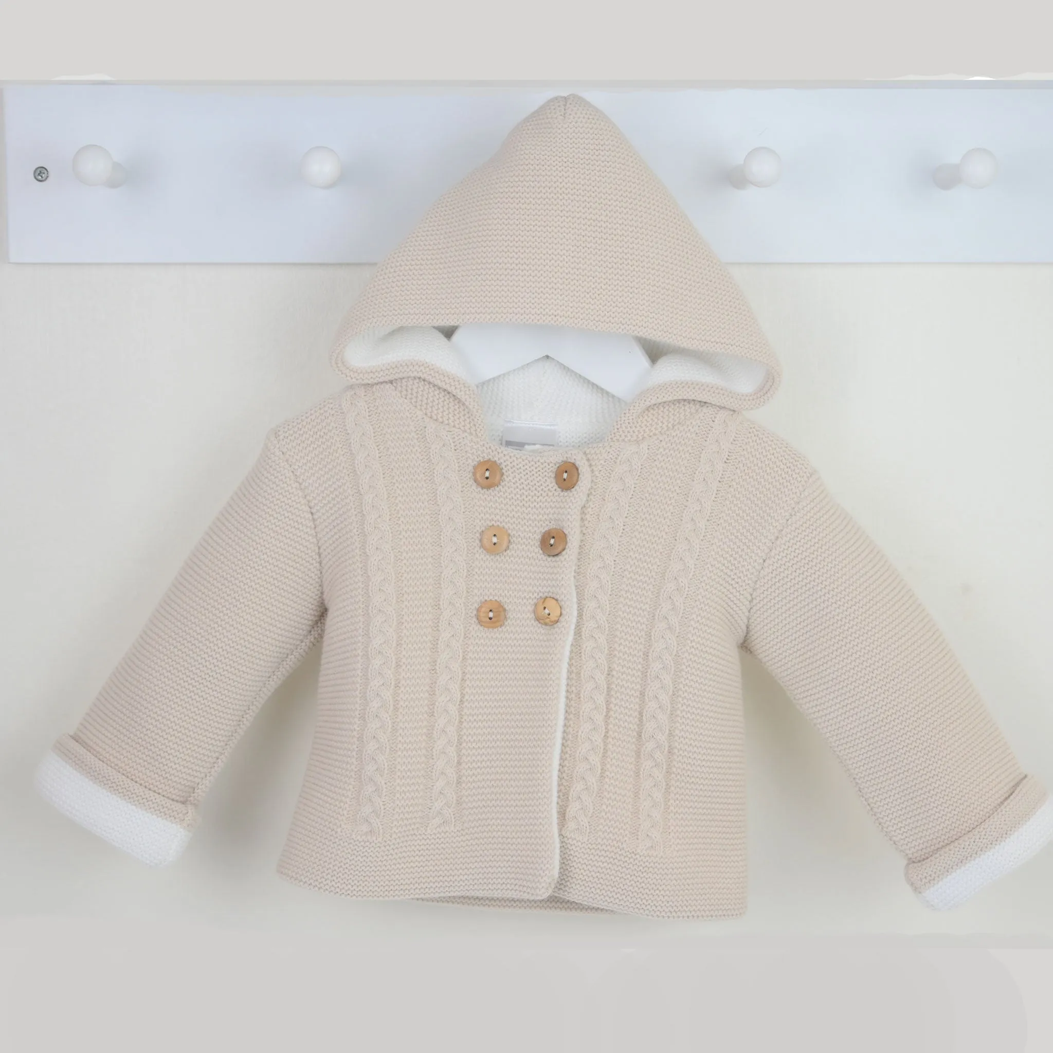 Baby Double Knitted Jacket with Hood - Beige