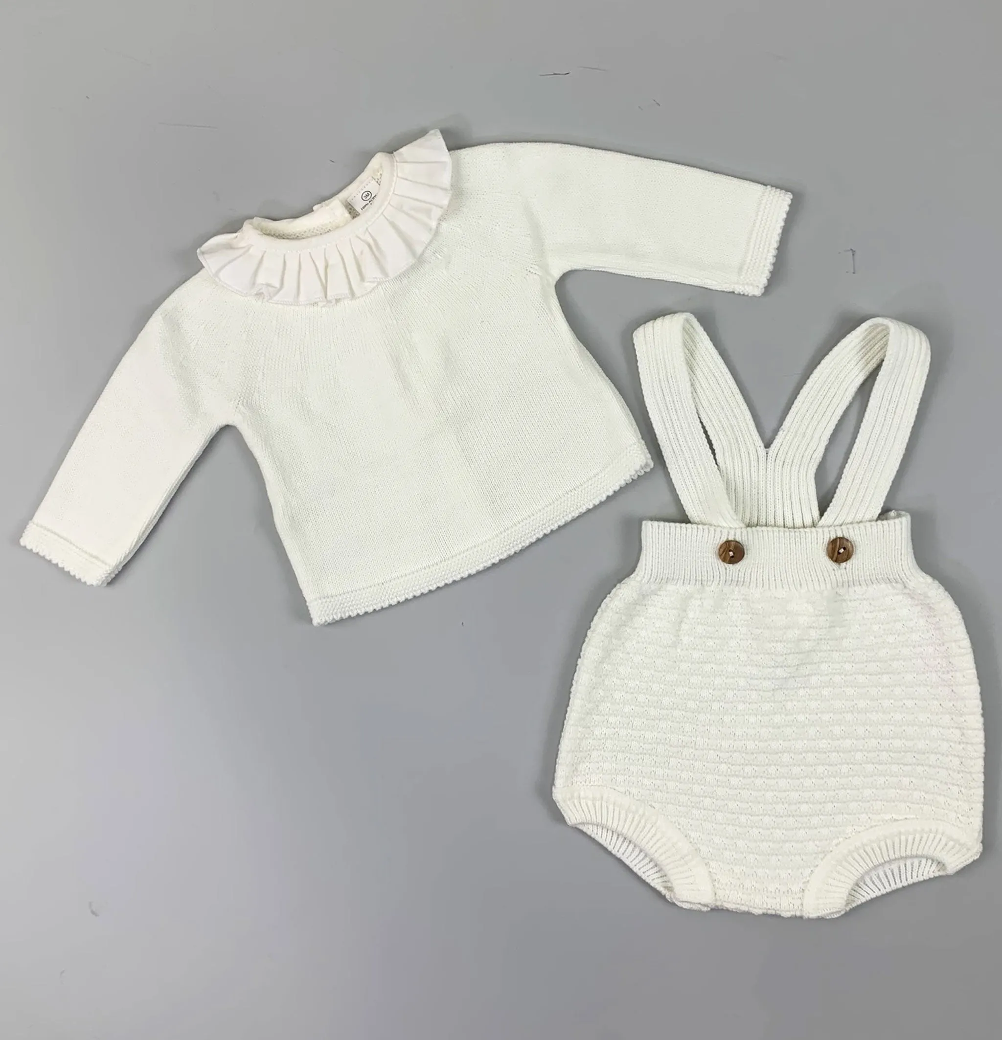 Baby Girls 2 Piece Knitted Outfit - Jam Pants and Top - Cream