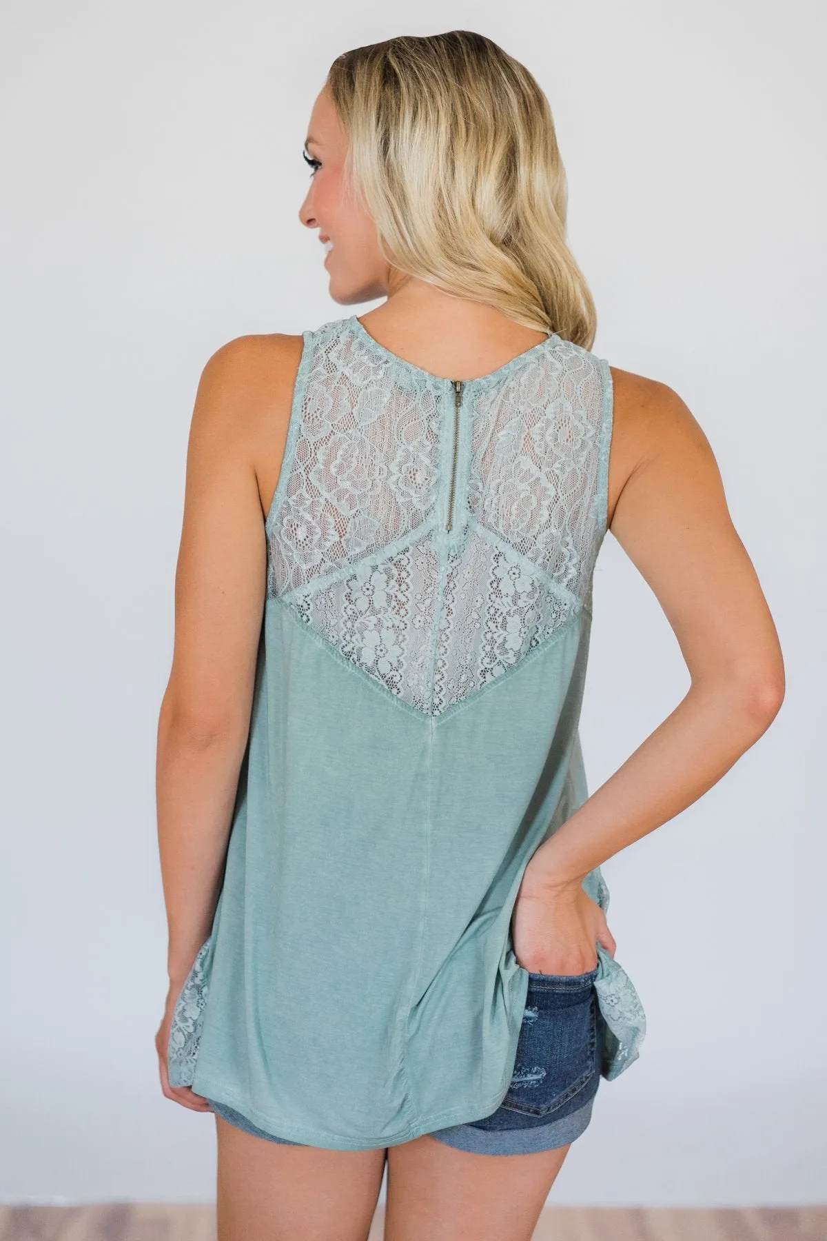 Be Near Me Lace Detail Tank Top- Vintage Sea Foam