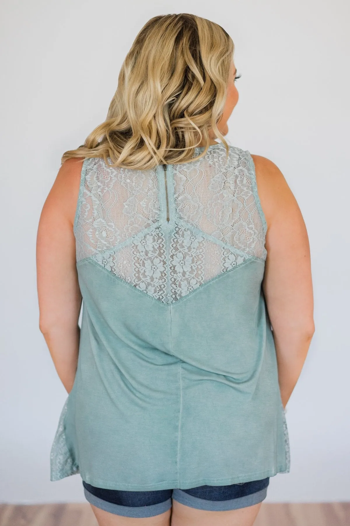 Be Near Me Lace Detail Tank Top- Vintage Sea Foam