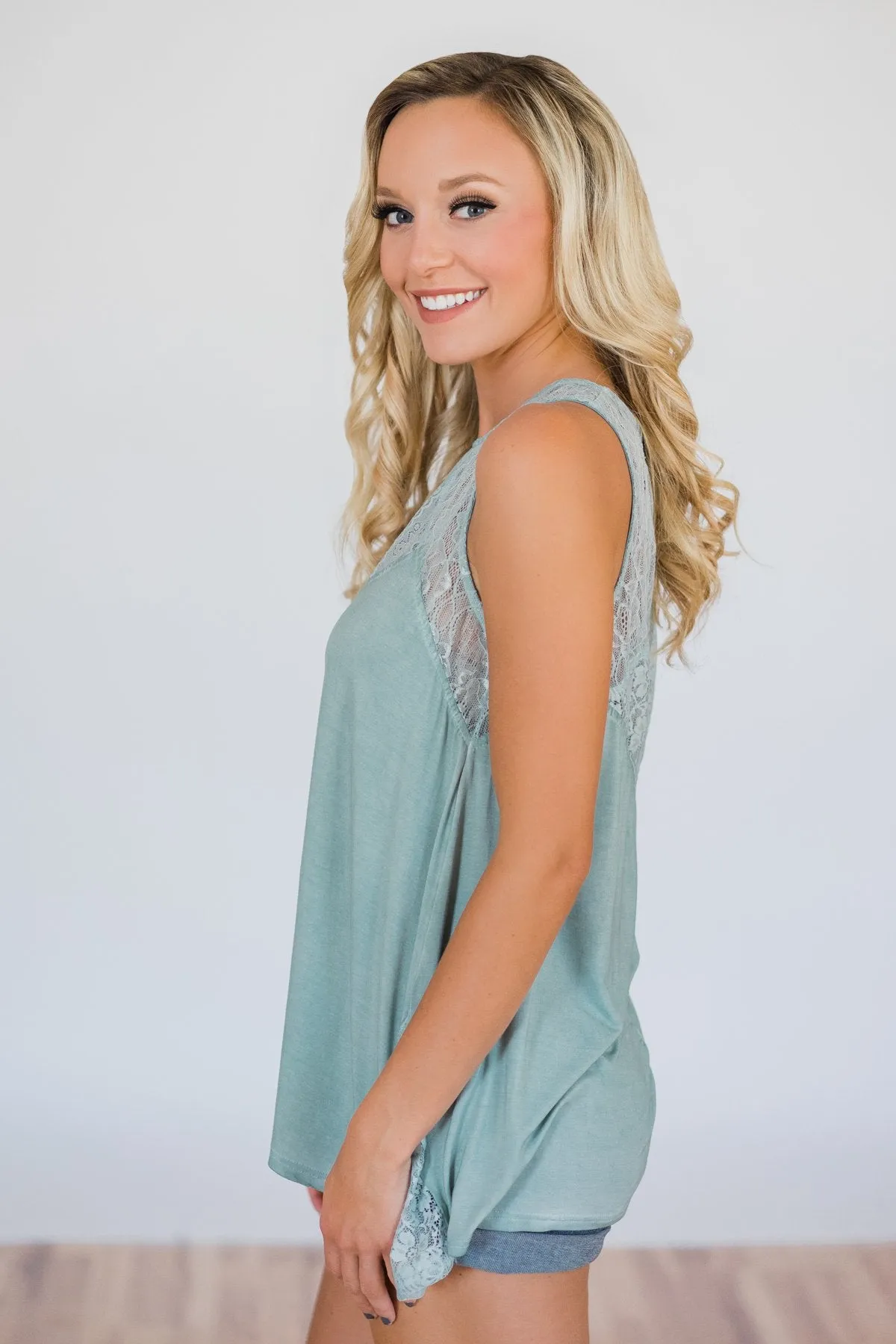 Be Near Me Lace Detail Tank Top- Vintage Sea Foam