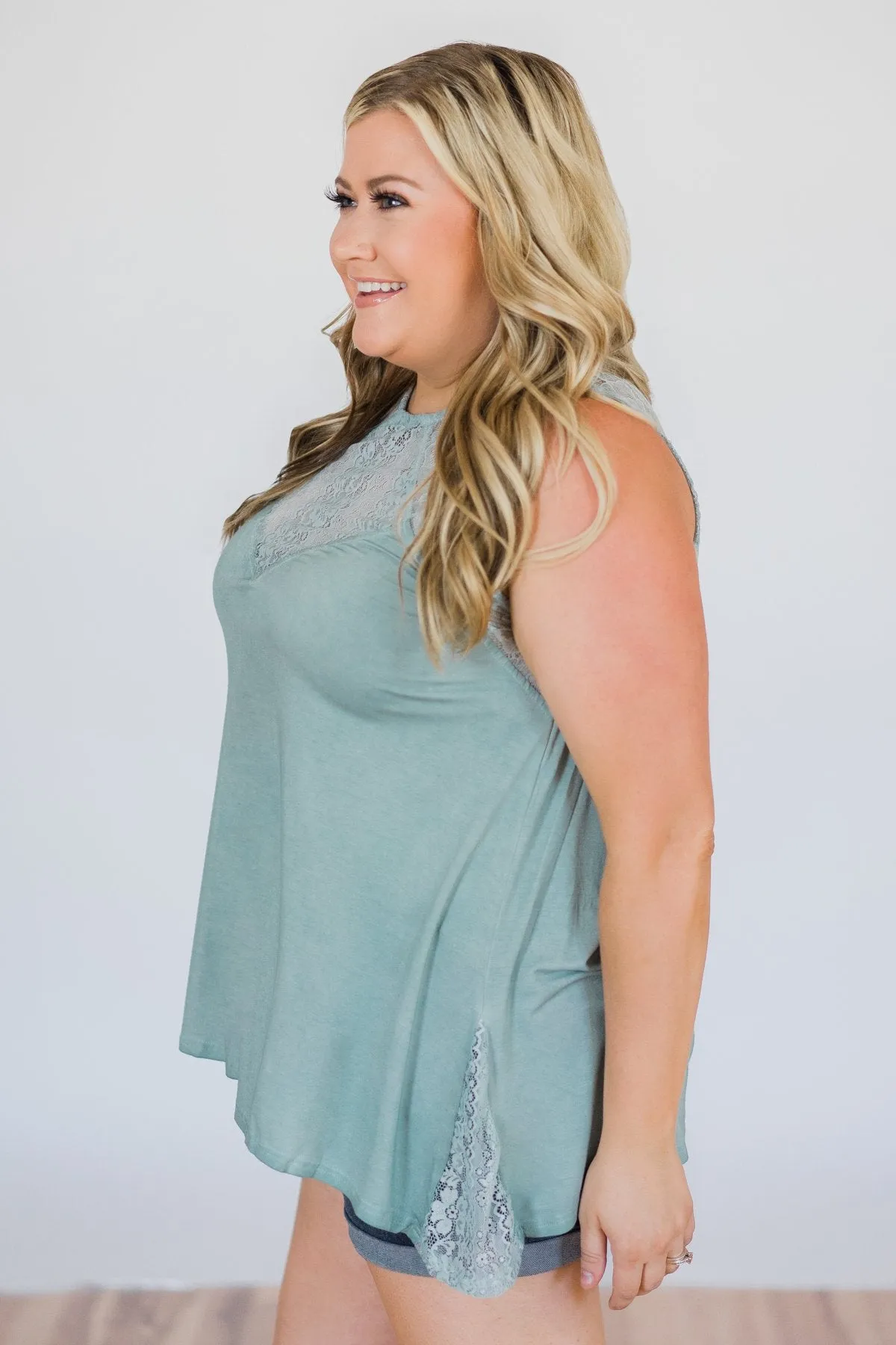 Be Near Me Lace Detail Tank Top- Vintage Sea Foam