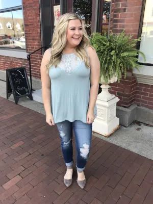 Be Near Me Lace Detail Tank Top- Vintage Sea Foam