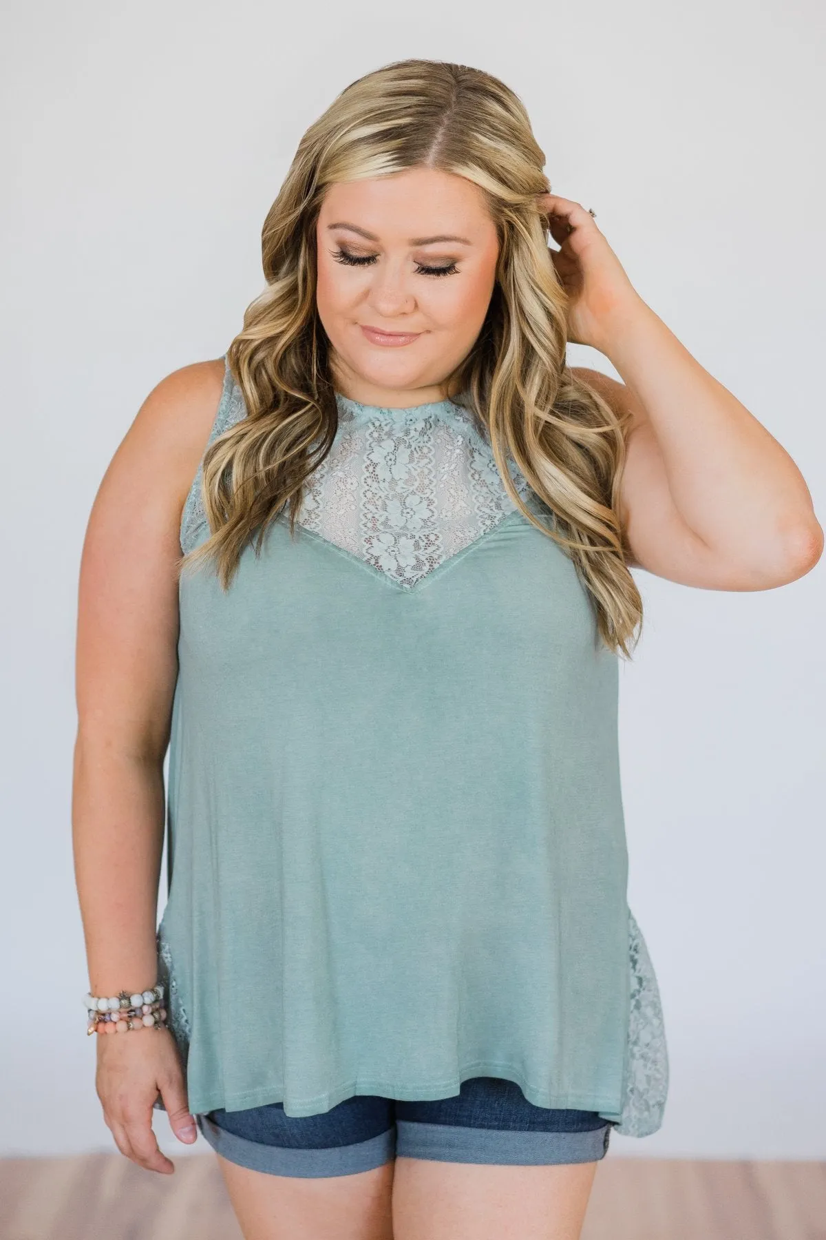 Be Near Me Lace Detail Tank Top- Vintage Sea Foam
