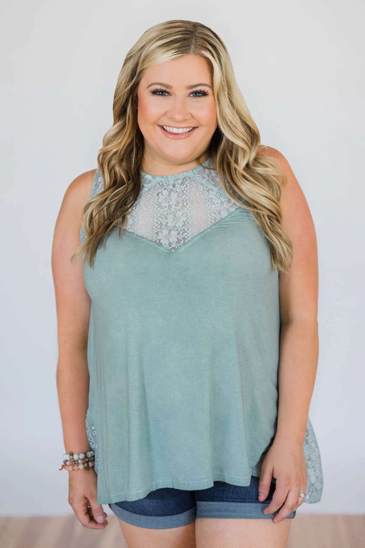 Be Near Me Lace Detail Tank Top- Vintage Sea Foam