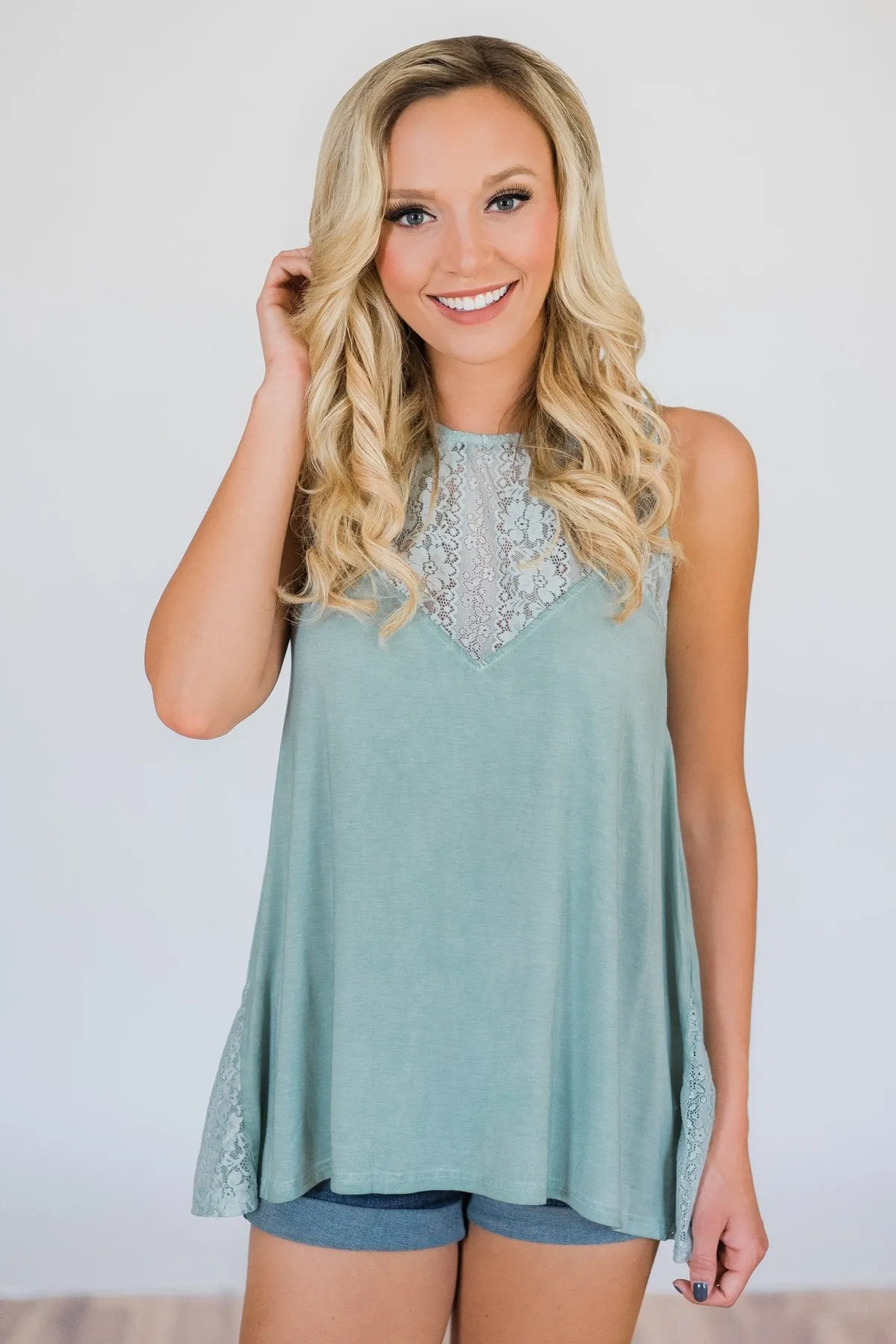 Be Near Me Lace Detail Tank Top- Vintage Sea Foam