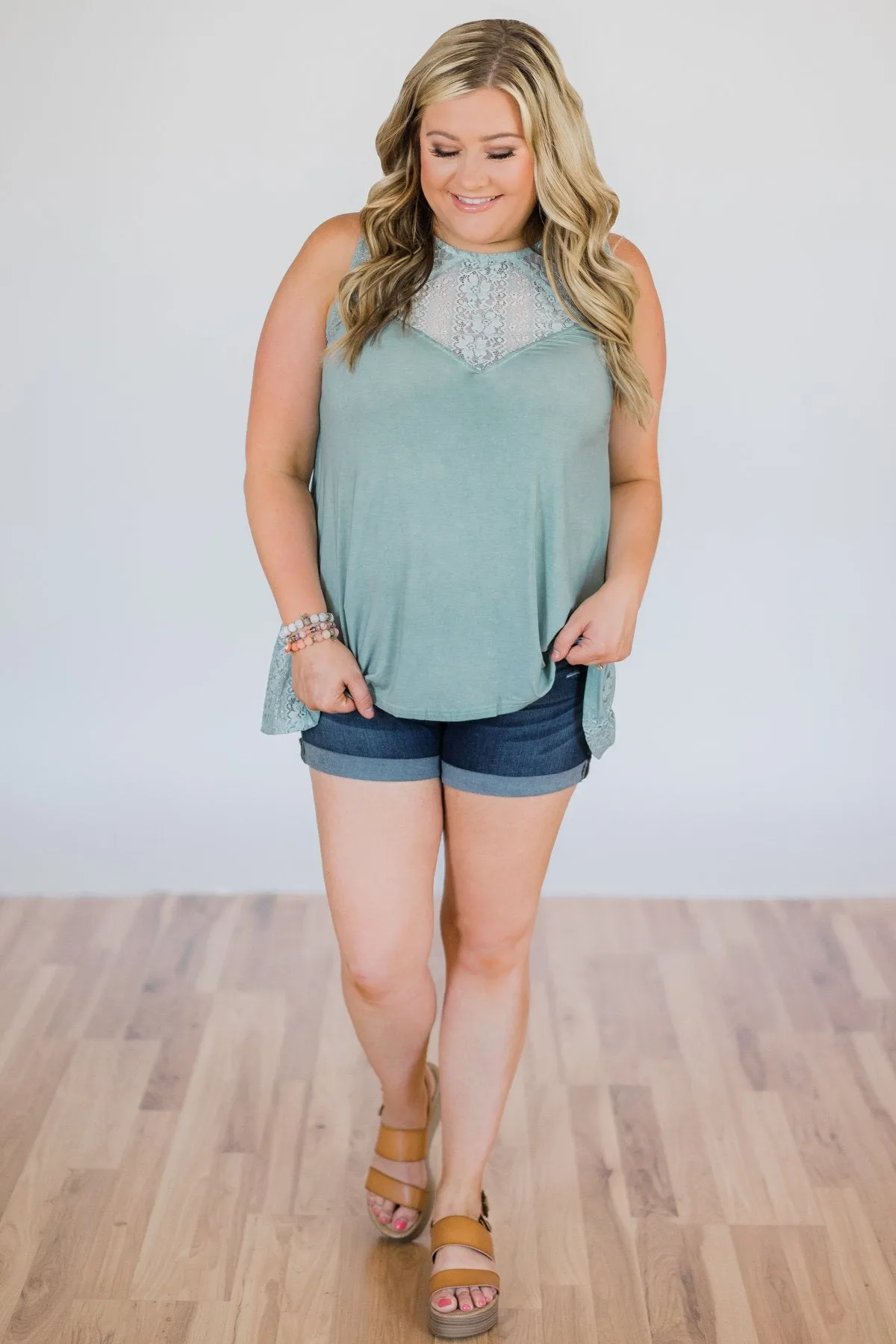 Be Near Me Lace Detail Tank Top- Vintage Sea Foam
