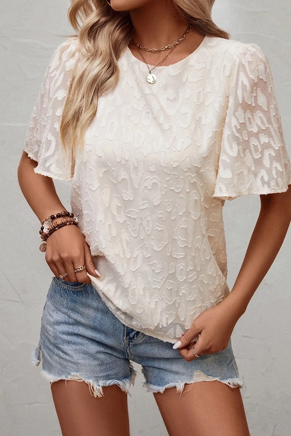 Beige Elegant Jacquard Butterfly Sleeve Blouse