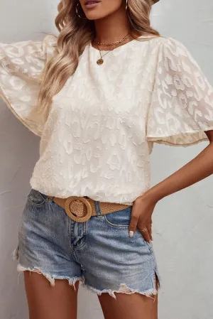 Beige Elegant Jacquard Butterfly Sleeve Blouse