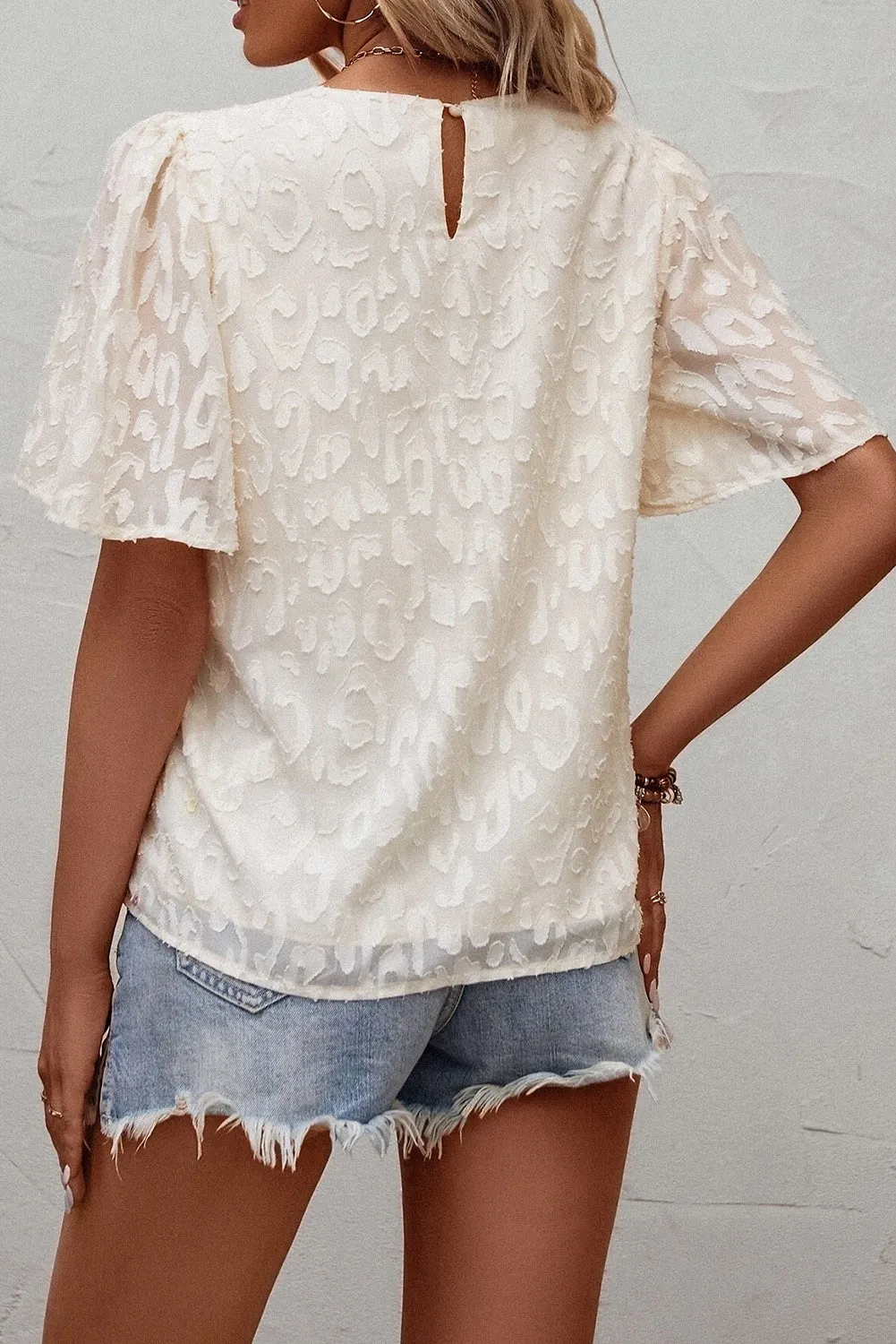 Beige Elegant Jacquard Butterfly Sleeve Blouse