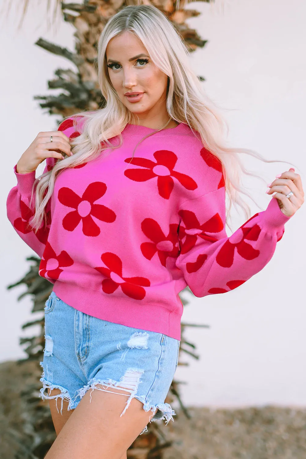 Big Rose Flower Knit Ribbed Trim Sweater