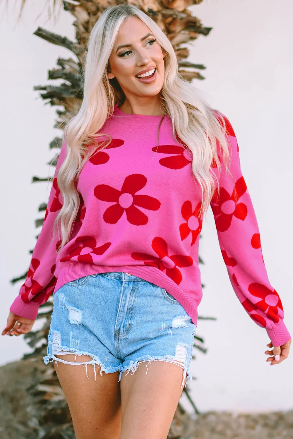 Big Rose Flower Knit Ribbed Trim Sweater