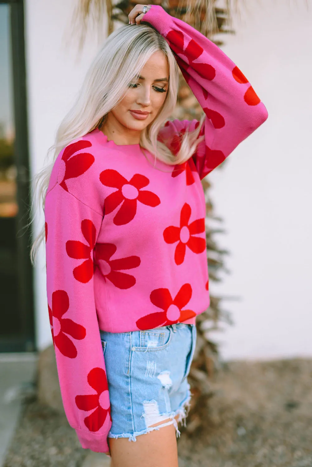 Big Rose Flower Knit Ribbed Trim Sweater