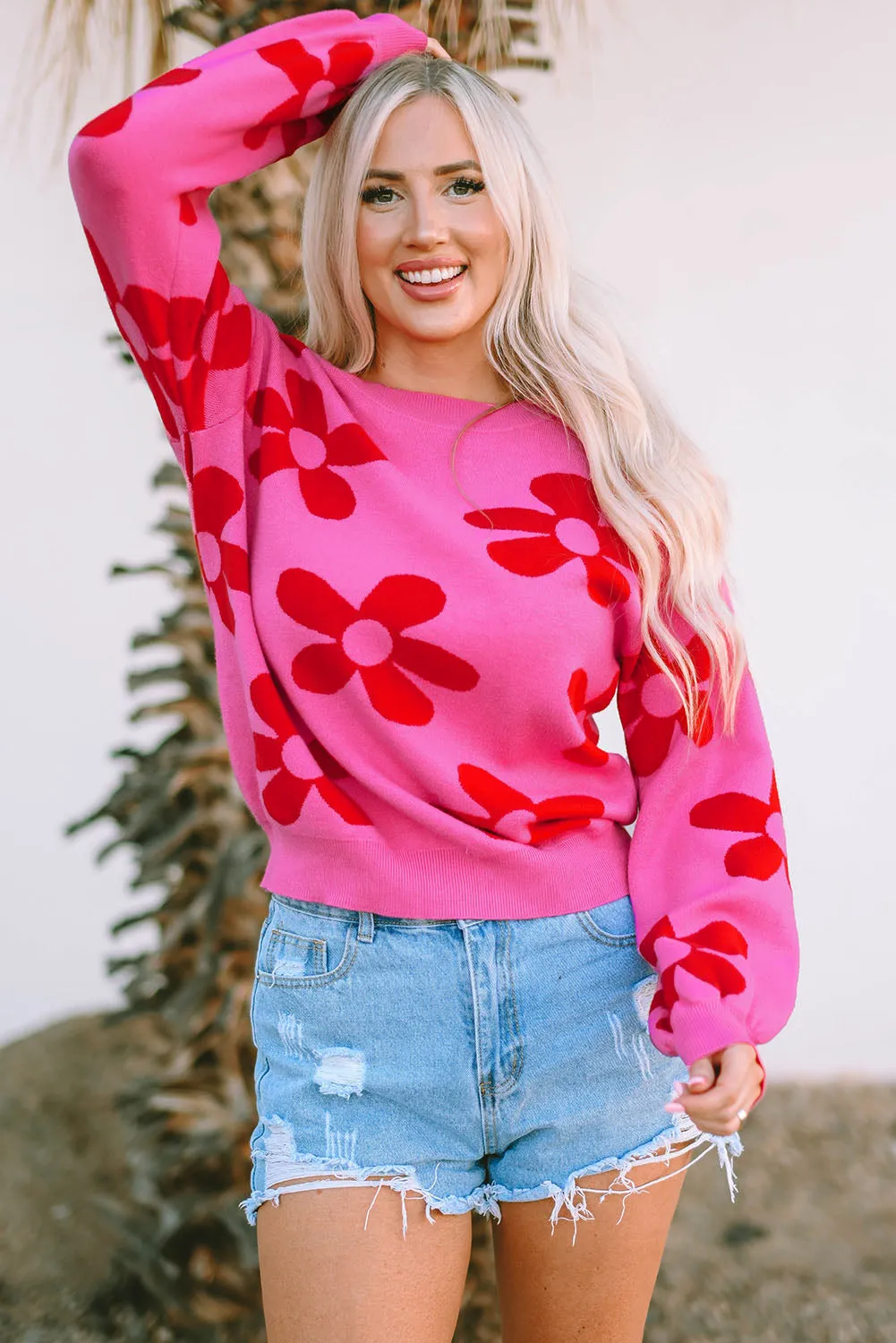 Big Rose Flower Knit Ribbed Trim Sweater