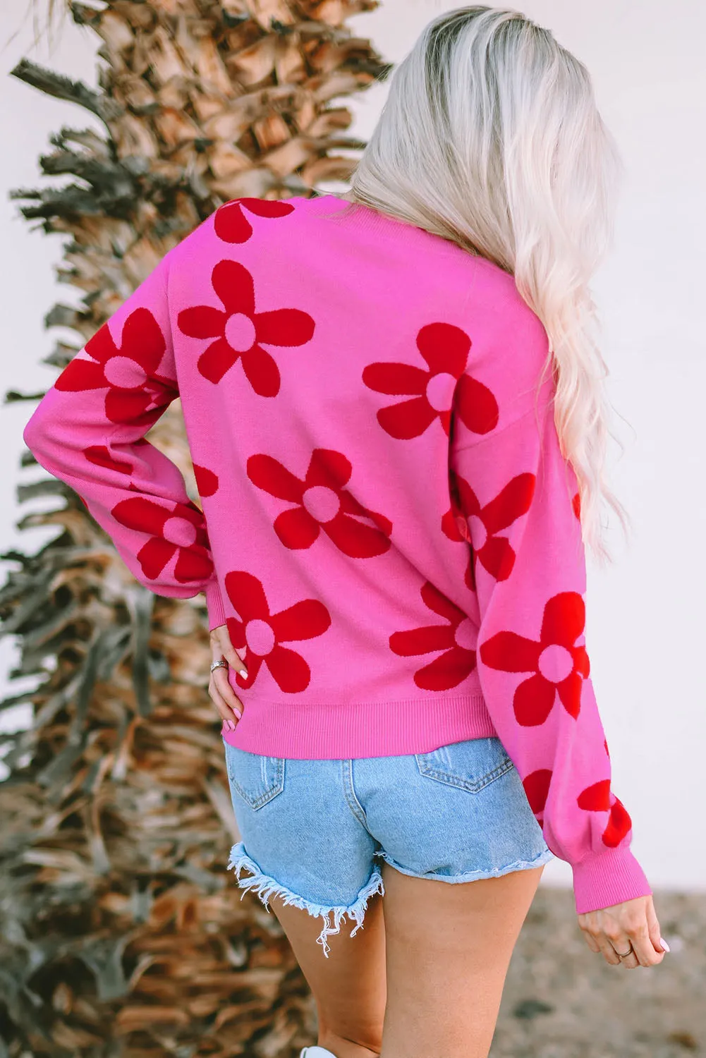 Big Rose Flower Knit Ribbed Trim Sweater