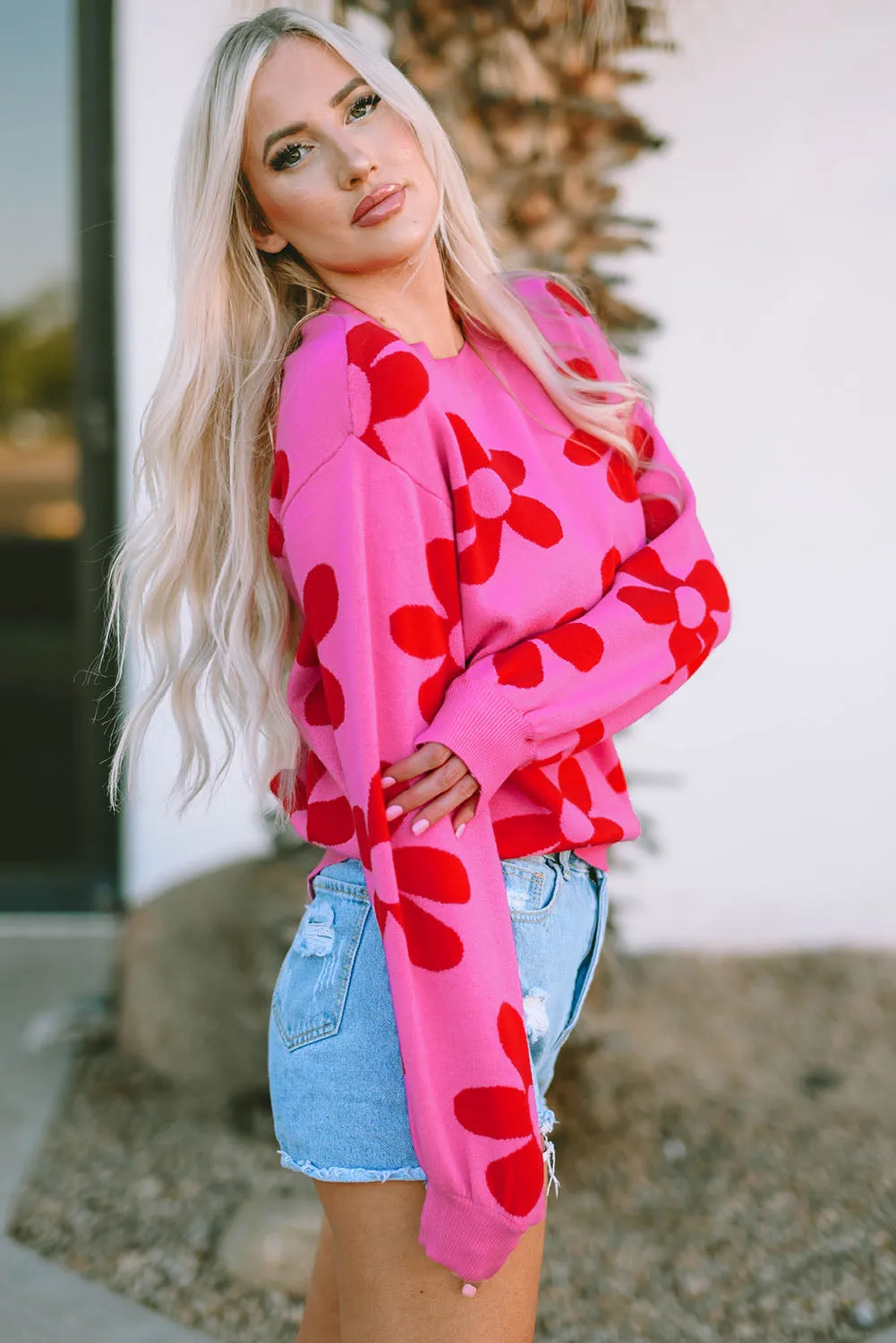 Big Rose Flower Knit Ribbed Trim Sweater