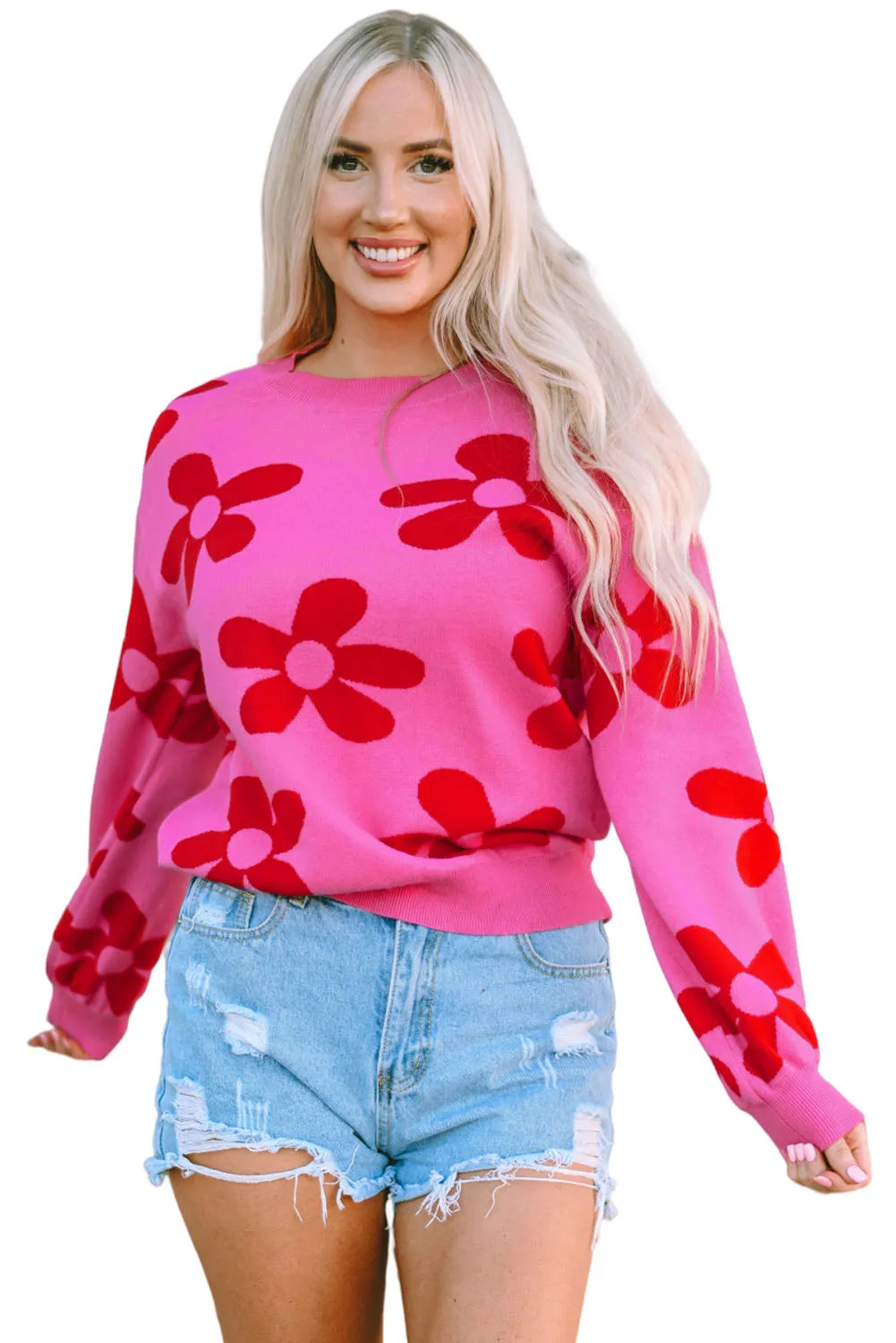 Big Rose Flower Knit Ribbed Trim Sweater