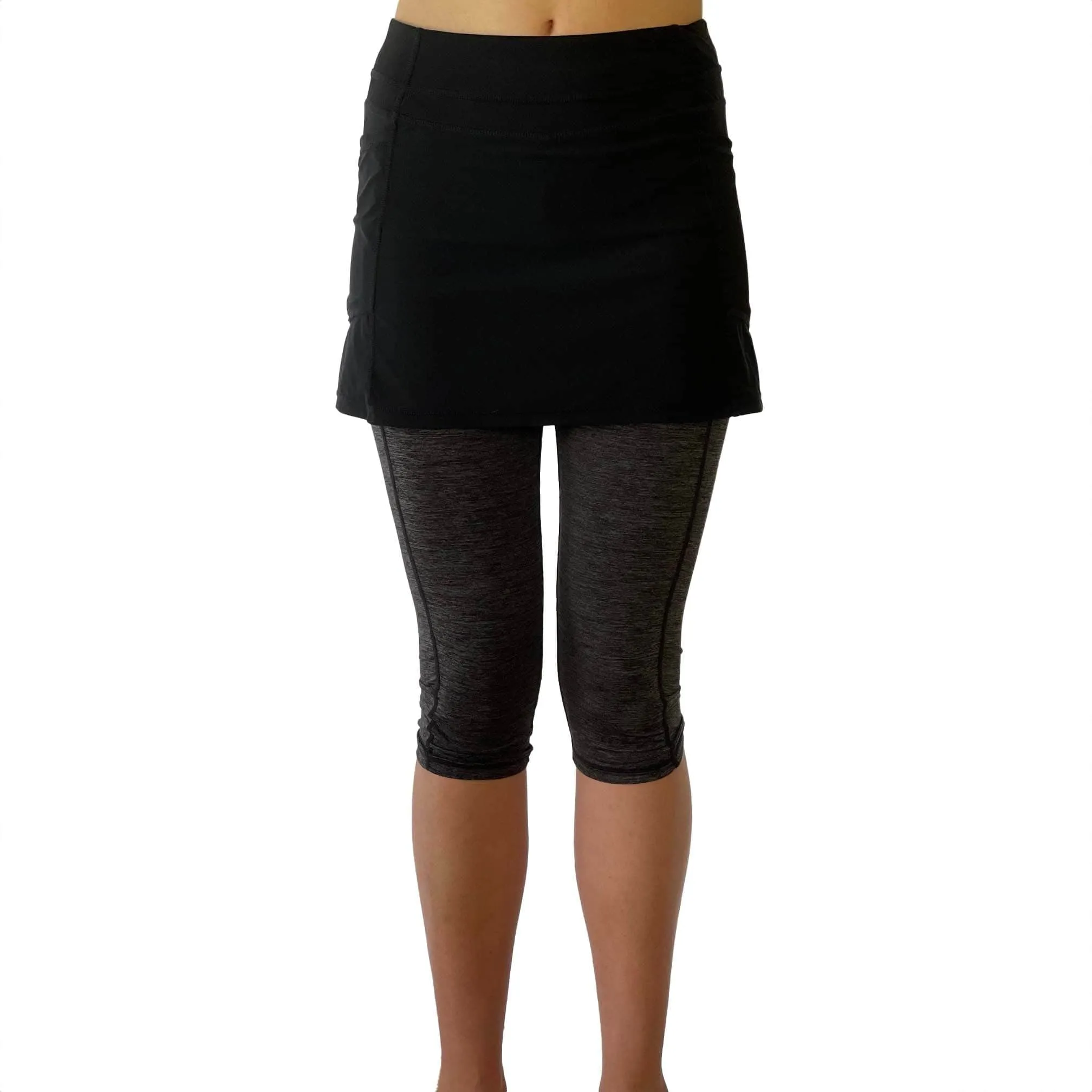 Black and Gray Lightweight Skort Capris Leggings with Pockets