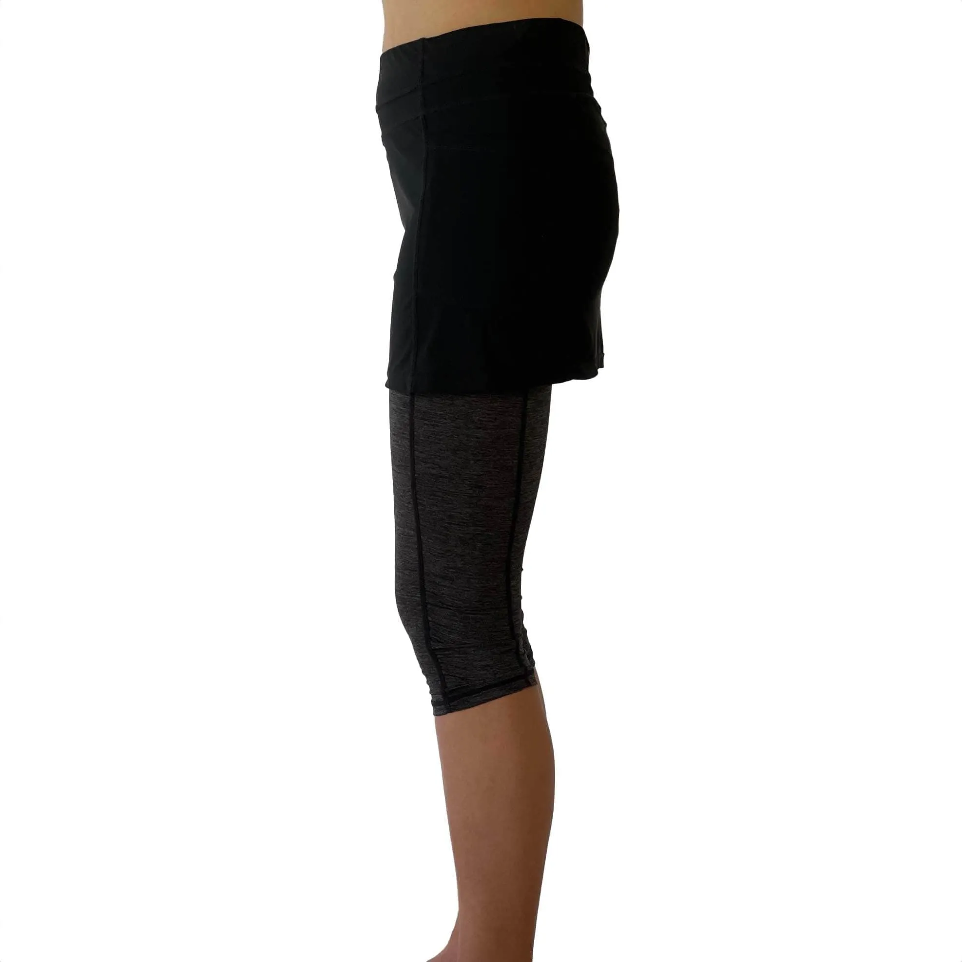 Black and Gray Lightweight Skort Capris Leggings with Pockets