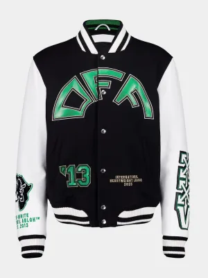 Black Crocodile Wool and Leather Varsity Jacket