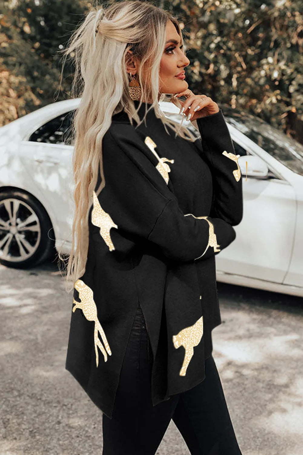 Black Lively Cheetah Print High Neck Split Hem Sweater
